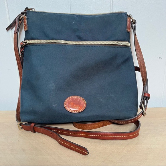 Dooney & Burke Blue Nylon Crossbody Bag with Brown Leather Details Zip Closure - Picture 1 of 13